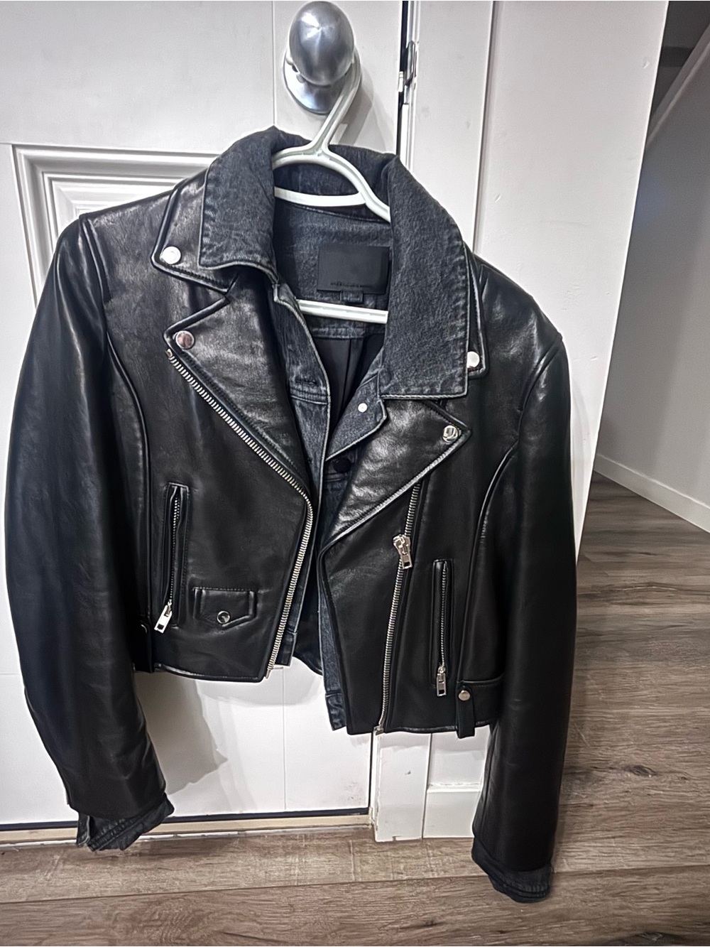 Alexander Wang Black Leather Moto Jacket with Dark Denim Trim